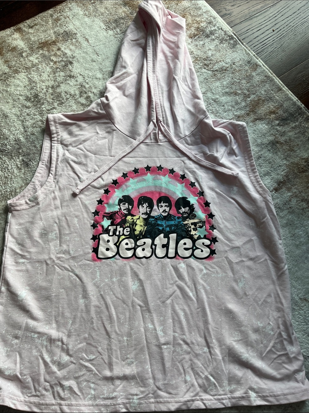 The Beatles Light Pink Graphic Hoodie Tank with Retro Rainbow Print
